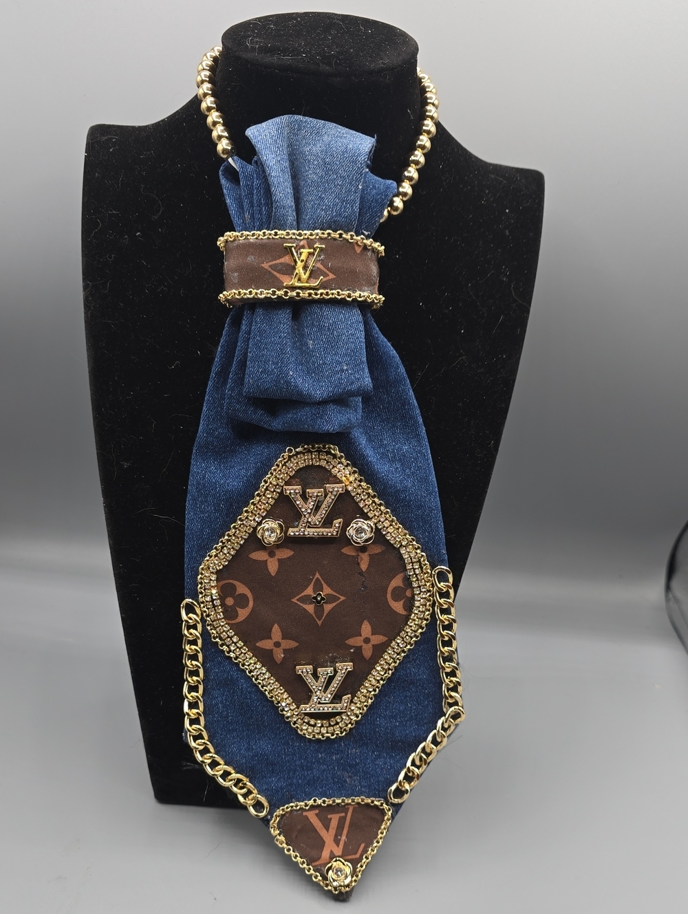 Denim and Brown Monogram Embellished Tie ecklace